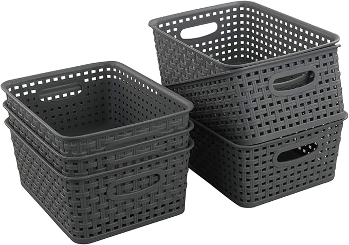 Teyyvn Plastic Storage Basket, 10.03" x 7.59" x 4.09", Pack of 6, Gray