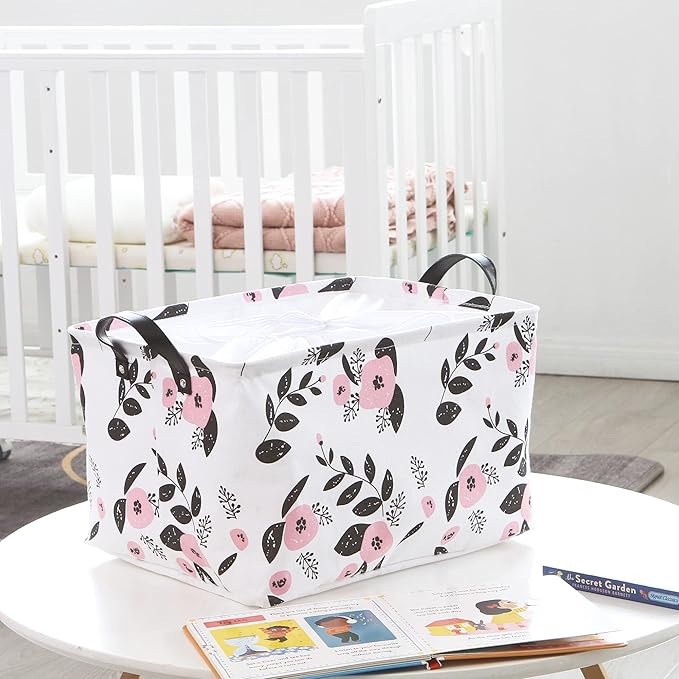 Hinwo 2-Pack Large Canvas Fabric Storage Basket with Handles, 33L/8.6-Gal Rectangle Bin, Collapsible Storage Box, Clothes, Toys, Blankets Organizer, 16.5 x 12 x 10 Inches (L, Pink Flower)
