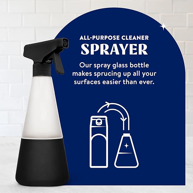 Cleancult Glass Spray Bottles (16oz, 2 Pack) - Refillable All Purpose Cleaning Spray Bottle - BPA-Free Plastic Nozzle & Non Slip Silicone Sleeve - Shatter Resistant, Dishwasher Safe - Matte Black