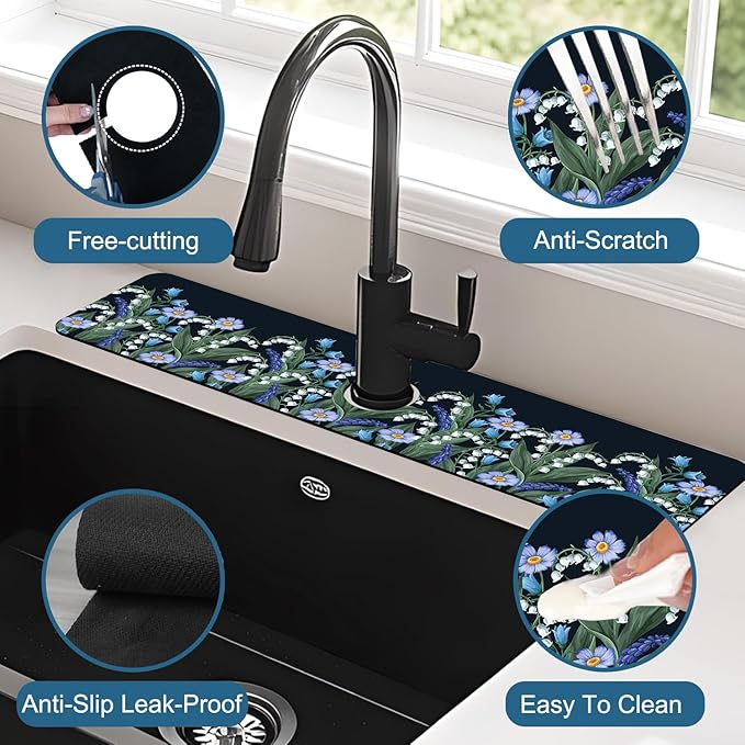 Blooming Lilies Sink Splash Guard Valley Lilies Flowers Faucet Absorbing Mat Fast Drying Mat Sink Gadgets Splash Guard Behind Faucet Drip Catcher for Kitchen Bathroom, 23.5"x5.5"