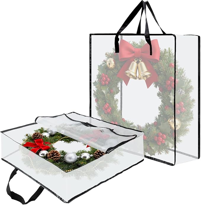 Wreath Storage Bag, 26 Inches Wreath Storage Container Christmas Decoration Garland Container Clear Storage Bags Moving Bag for Wreaths Clothes Gift Pillow Under Bed Storage (Transparent - 2 PACK)