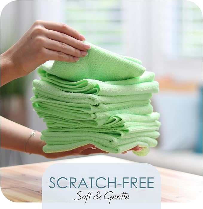 Hearth & Harbor Microfiber Cleaning Towels for Cars, 24 Pack Washcloths, Green Reusable Rags, Lint Free Cloth, 12x12 Inches