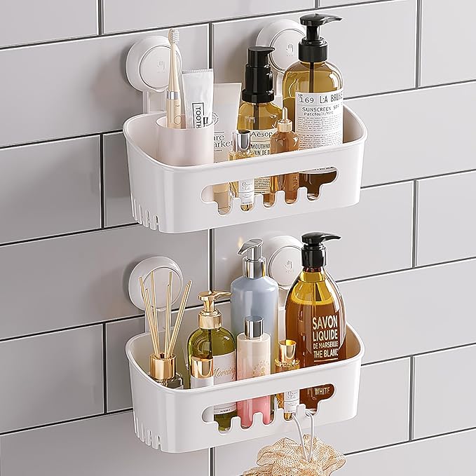 TAILI Shower Caddy Suction Cup 2 Pack, Heavy Duty Bathroom Organizer, Removable Shelves for Inside Shower, Shampoo, Waterproof Suction Plastic Storage for Bathroom Accessories Holder, White