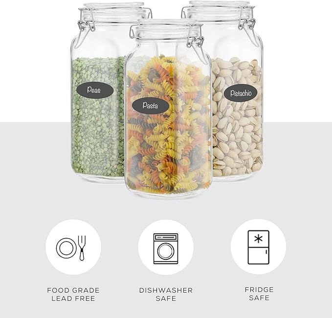 Airtight Glass Jars with Lids Set of 3. 78oz Glass Jar with Lid and 6 Silicone Seals! Large Glass Food Storage Containers. Square Mason Jar for Candy, Flour, Pasta Containers for Pantry