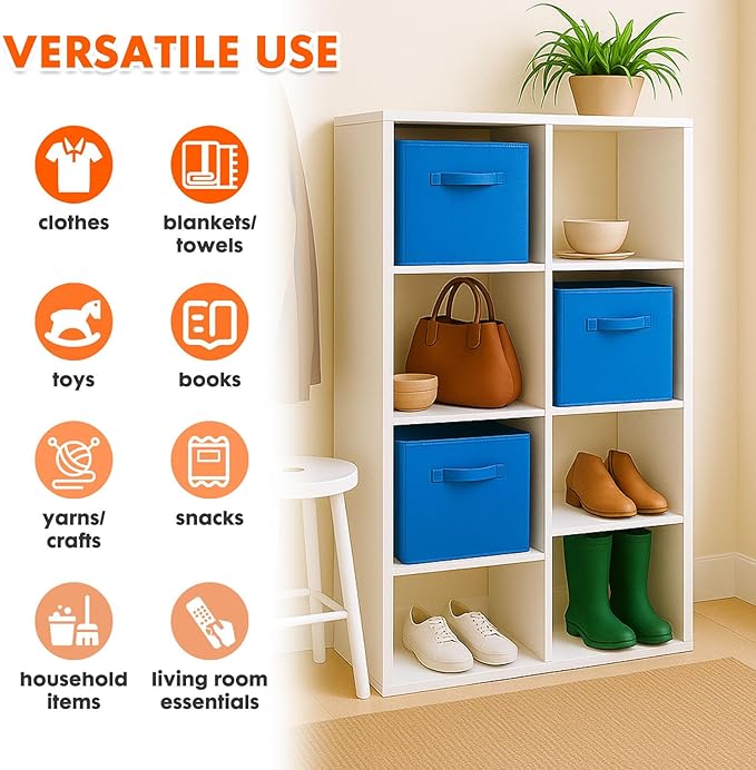 PowerKing Collapsible Storage Cubes with Handles, Fabric Foldable Bins for Closet Shelves, Durable Organization Storage Bins, 10.5'' x 11'' x 10.5'' (6Pack, Royal Blue)