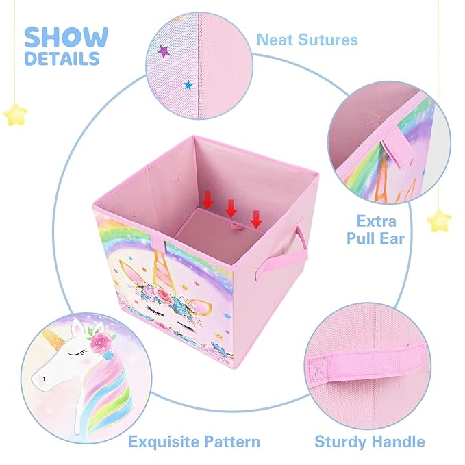 WERNNSAI Cube Storage Bins - 4 Pack Fabric Foldable Storage Cube Organizer for Kids Decorative Storage Baskets with Handles 11" x 11" Home Closet Nursery Room Bedroom (Unicorn)