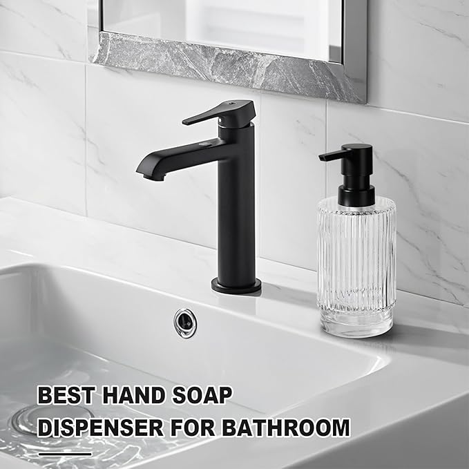 Glass Soap Dispenser with Pump, 11 fl oz Clear Hand Soap Dispensers for Bathroom, Ribbed Style Dish Soap Dispenser for Kitchen, Modern Refillable Liquid Soap Pump Bottle