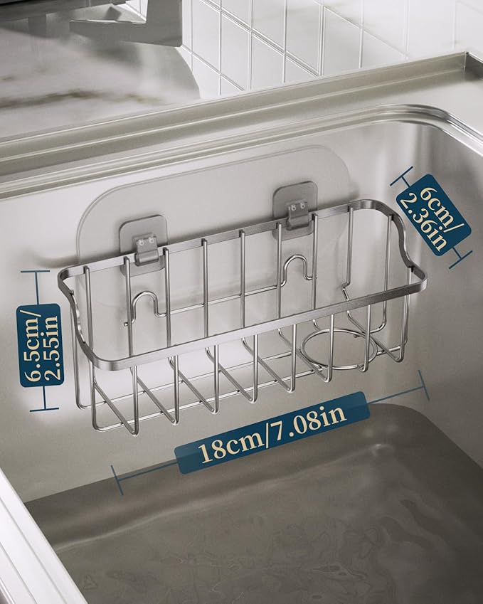 Consumest Sponge Holder Sink Caddy - Ladder Shaped Sponge Holder for Kitchen Sink with 2 Installation Ways (Suction Cups & Adhesive Hook), Rustproof Stainless Steel Kitchen Organizer, Sand Nickel