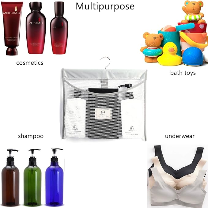 ALYER Hanging Mesh Shower Pockets for 34oz/1000ml Shampoo and Conditioner,Colorful Bath Toy organizer,Hanging Tandem Type Closet Accessories Storage Bag,Gray