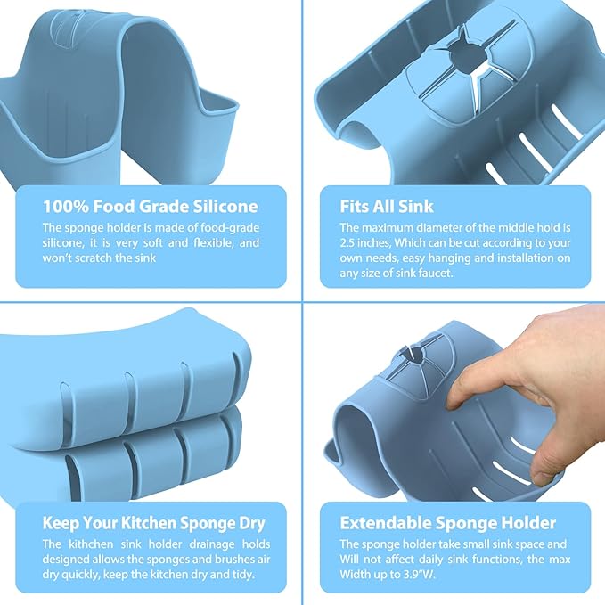 Sponge Holder for Kitchen Sink, Silicone Sink Saddle Caddy Organizer Rack, Sponges Holder Over Faucet, Hanging Kitchen Organizer Accessories Rack Basket - Light Blue