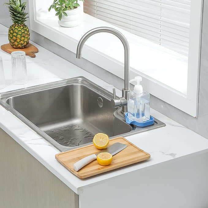 MicoYang Silicone Bathroom Soap Dishes with Drain Spout-Bathroom and Kitchen Sink Organizer,Sponge Holder,Dish Soap Tray,Perfect for Dispenser,Scrubber,Bottle,Cup on Counter Lichen Blue 4.9"×3.2"