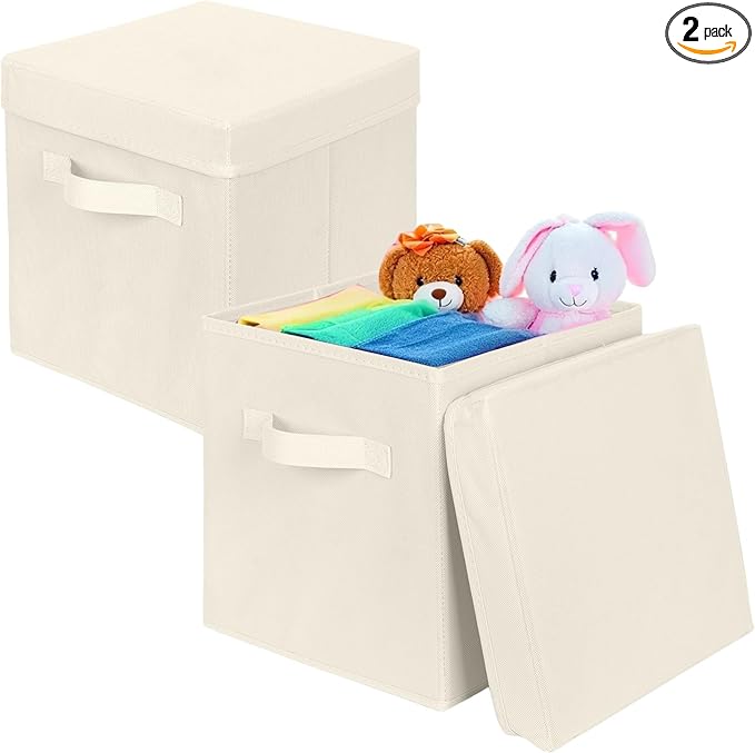 ShellKingdom Storage Bins, Foldable Fabric Storage Cubes with Lid, Clothes Storage Organizer Drawer For Closet Toys Storage, 10.5 X 10.5 X 11 INCH, 2 Pack (Beige)