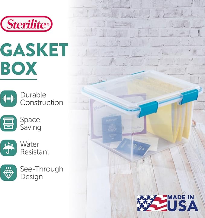 Sterilite 12-Pack Gasket Box, Weather-Resistant Storage Bins with Latching Lids, 32 Quart - Heavy-Duty Organizing Containers for Closet, Bathroom, and Office