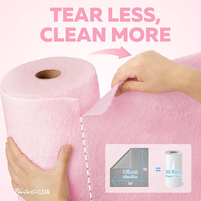 Fantasticlean XL Tear-Away Microfiber Cleaning Cloth Roll, 16'' by 16''- 36 Sheets, Thick & Large Detailing Towels, Ultra Absorbent, Lint-Free Reusable Wipes for All-Around Cleaning (Glossy Pink)