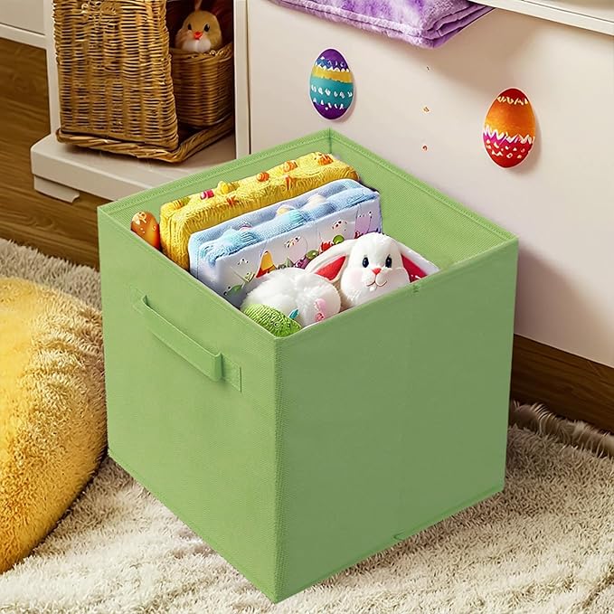 PowerKing Collapsible Storage Cubes with Handles, Fabric Foldable Bins for Closet Shelves, Durable Organization Storage Bins, 10.5'' x 11'' x 10.5'', 6 Pack, Green