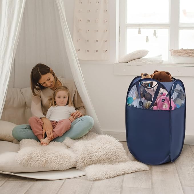 TECHMILLY Pop Up Foldable Laundry Basket, Mesh Laundry Hamper with Reinforced Handles for Dirty Clothes Storage in Dorm, Laundry Room, Bathroom, Blue(Fabric), 2 Pack
