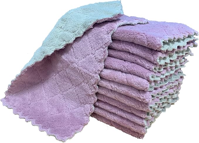 kimteny 12 Pack Kitchen Cloth Dish Towels, Premium Dishcloths, Super Absorbent Coral Velvet Dishtowels, Nonstick Oil Washable Fast Drying (Purple-Grey)