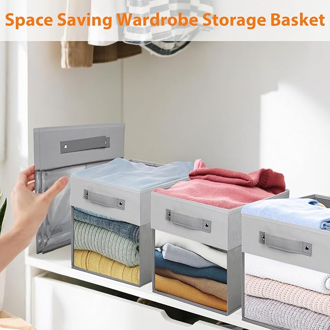 3-Pack Foldable Storage Cubes with Clear Window,Heavy Duty Fabric Storage Bins for Closet,Nursery,Office,Dorm & Home Organization,Space-Saving Box Organizer Basket for Books,Clothes,Toy (Gray & White)