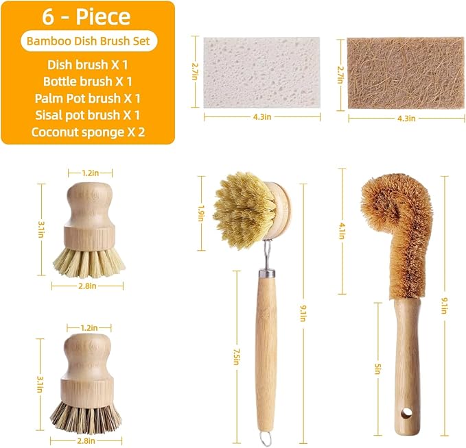 Natural Bamboo Dish Brush Set - 6 PCS Kitchen Cleaning Brush Kit with 4 Utensil Brushes and 2 Coconut Fiber Dish Sponges, for Cleaning Pots, Pans, Dishes, Bottles, Vegetables, and Fruits