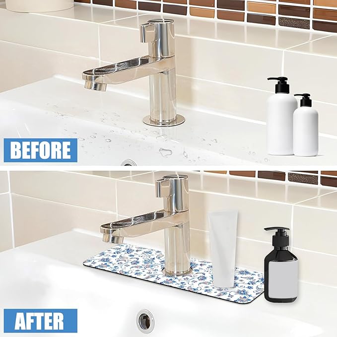 Sink Splash Guard Faucet Mat Paisley Flowers Tulips Leaves Absorbent Fast Drying Mat Sink Gadgets Splash Guard Behind Faucet Drip Catcher for Kitchen Bathroom 15.5"X5.5"