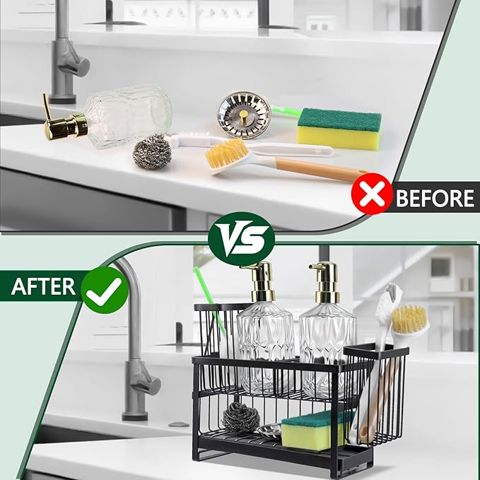 Sponge Holder for Kitchen Sink Organizer Caddy, 2 Tier Dish Brush Scrubber Holder, Stainless Steel Sink Box Utensil Holder, Rustproof Stainless Steel Dish Soap Storage Rack Set for Accessories