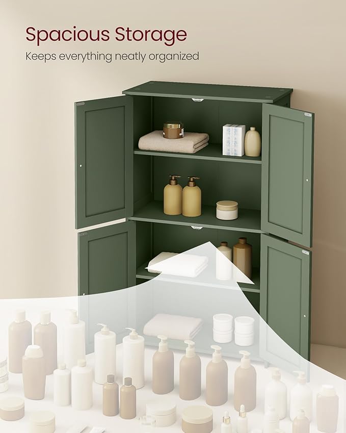 VASAGLE Floor Storage Cabinet, Shaker Cabinet with 2 Adjustable Shelves, 4 Doors, Tall Freestanding Organizer Unit, for Kitchen Bathroom Living Room, Forest Green UBBC553CH01S