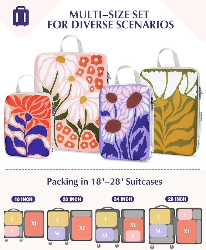 Gonex Compression Packing Cubes, 4pcs Expandable Storage Travel Luggage Bags Organizers, Travel Cubes for Suitcase Carry On (Flowers)