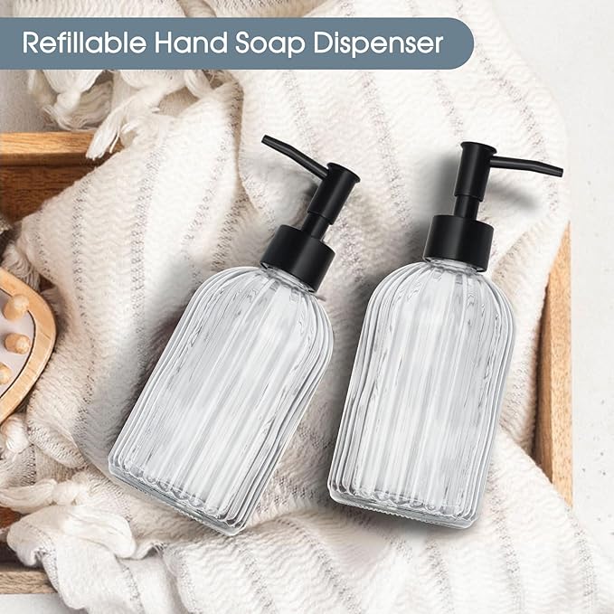 Topsky 2 Pack Glass Soap Dispenser with Plastic Pump, 400ml Liquid Hand Soap Dispenser, Rustproof Pump for Kitchen & Bathroom, Great for Lotions, Essential Oil, Liquid Soaps,Transparent
