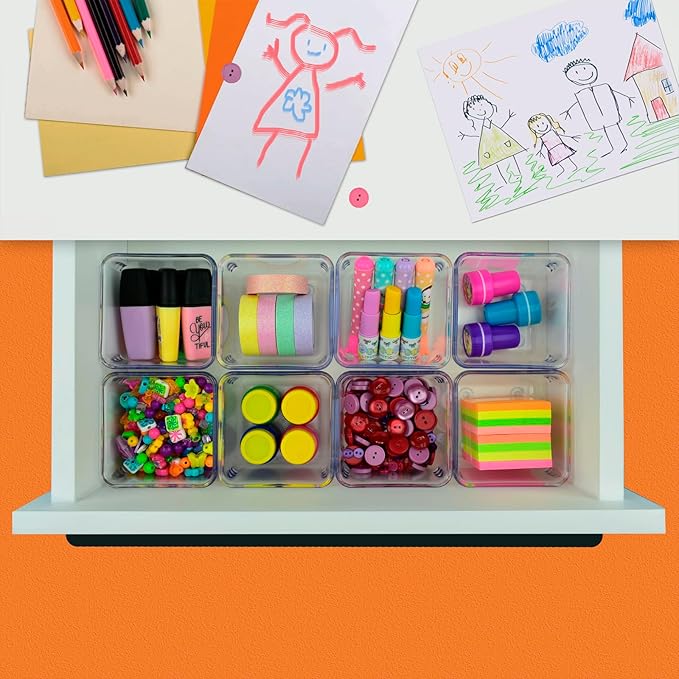 Acrimet Drawer Organizer Modular, Box Tray Storage Bins for Office, Home, Makeup, Kitchen, Junk Drawer (8 Pieces) (Clear Crystal Plastic)