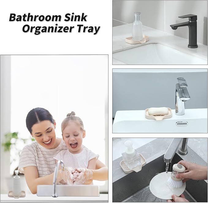 MicoYang Silicone Bathroom Soap Dishes with Drain Spout-Bathroom and Kitchen Sink Organizer,Sponge Holder,Dish Soap Tray,Perfect for Dispenser,Scrubber,Bottle,Cup on Sink or Counter-Tapioca 4.9"×3.2"