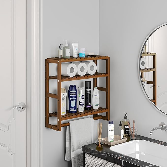 Over The Toilet Storage Bathroom Shelves Wall Mounted 3 Tier Space Saver Corner Shelf Organizer Bamboo Towel Rack Toilet Paper Cabinet with Hanging Rod Brown