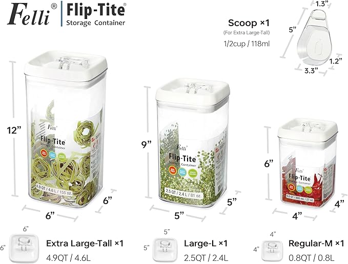 Felli Flip Tite Acrylic Food Storage Container with Lid 6” XL Air Tight Ring Seal Flip Top, Plastic Kitchen Baking Canister for 5 lb Flour Protein Powder Pantry Organizer (Nest-L, White) With Scoop
