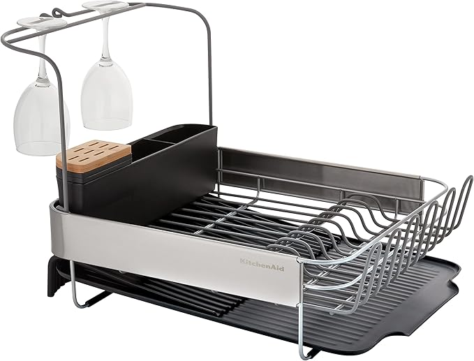 KitchenAid Full Size, Rust Resistant Expandable Dish Rack with Angled Self Draining Drainboard, 24-Inch, Black