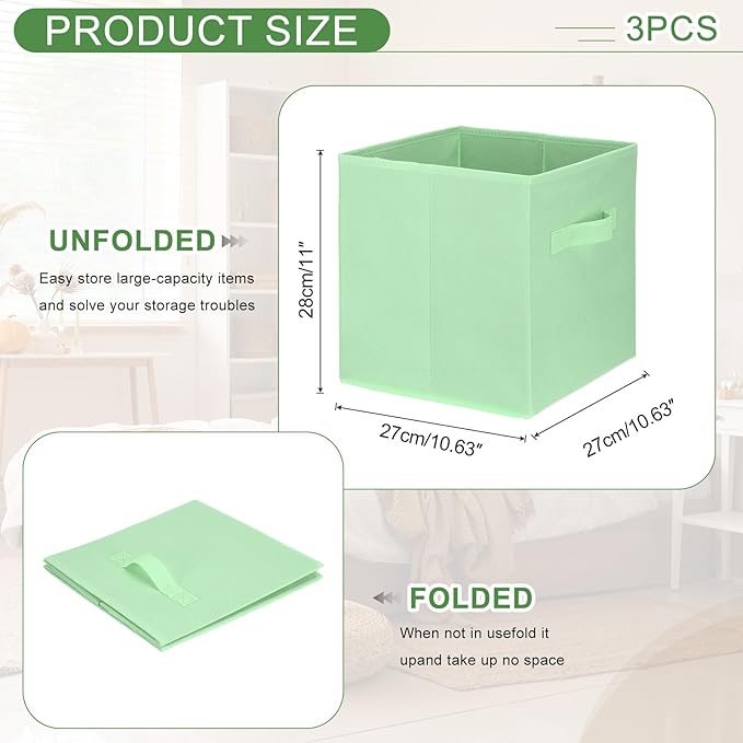 uxcell 3Pcs Fabric Storage Bins, 11 Inch Cube Storage Bin Foldable Storage Cube Organizer Bins with Handles for Shelf Closet, Nursery Home, Bedroom(Light Green)