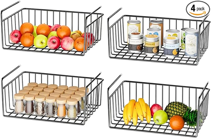 SUFAUY 4-Pack Under Cabinet Shelf Basket, Wire Shelves for Storage Holds up to 22lbs for Kitchen Pantry, Black