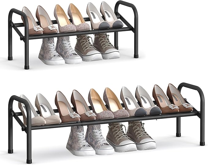 SONGMICS Expandable Shoe Rack, 1 Tier Shoe Rack Shelf, Adjustable Shoe Organizer Storage for 10 Pairs of Shoes, Metal Free Standing Shoe Racks for Closet, Front Door Entryway, Easy Assembly, Ink Black
