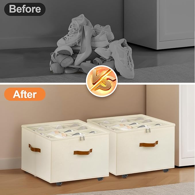 Shoe Organizer for Closet, 2 Pack Shoe Storage Organizer with Wheels and Adjustable Dividers, Stackable Shoe Storage Box with Clear Cover, Foldable Closet Shoe Organizer Fits up to 16-32 Pairs, Beige