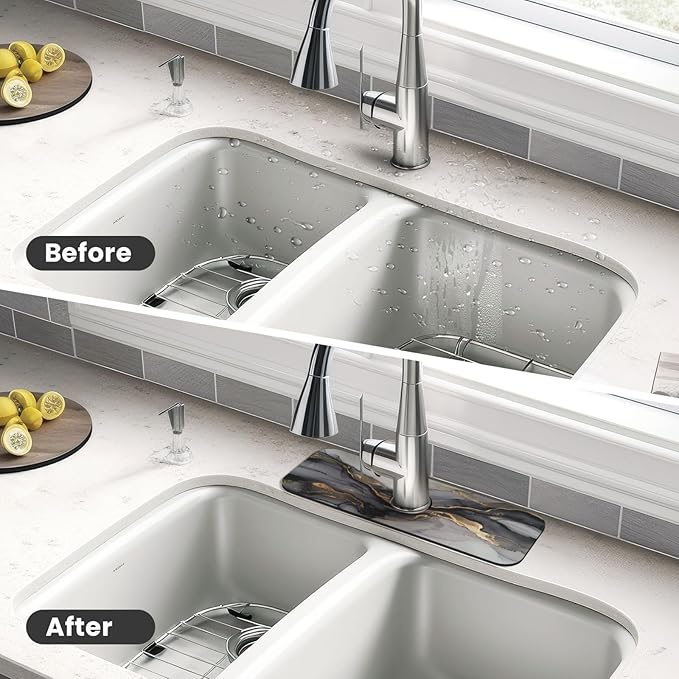 Faucet Draining Mat For Kitchen Sink, Black And Gold Marble Diatom Mud Absorbent Drain Pad For Bathroom Kitchen Sink Splash Guard Drying Mat