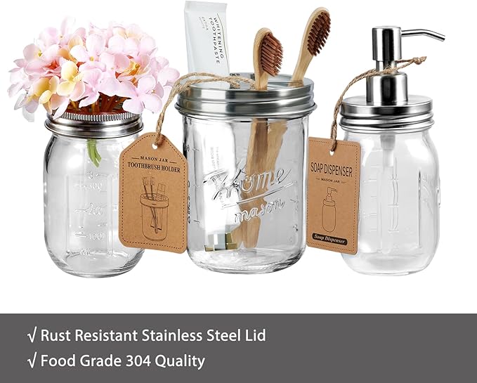 SheeChung Mason Jar Toothbrush Holders, Glass Toothbrush Holders for Bathroom, Bathroom Essentials, Mason Jar Bathroom Accessories Set, Bathroom Countertop Organizer-Brushed Steel
