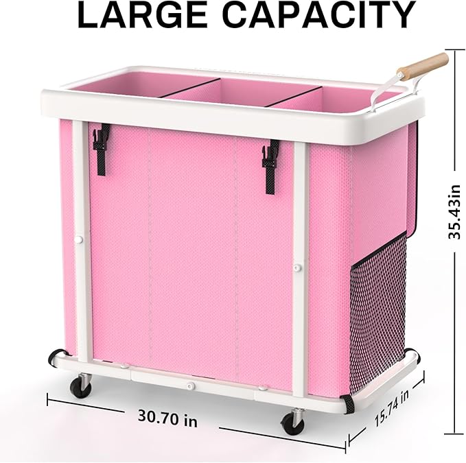 230L (60 Gal) Extra Large Fashion Laundry Sorter 3 Section with Lid, Rolling Laundry Basket Hamper with Handle, Laundry Organizer Storage Cart with Sturdy Metal Frame for Laundry Room,Hotel,Pink