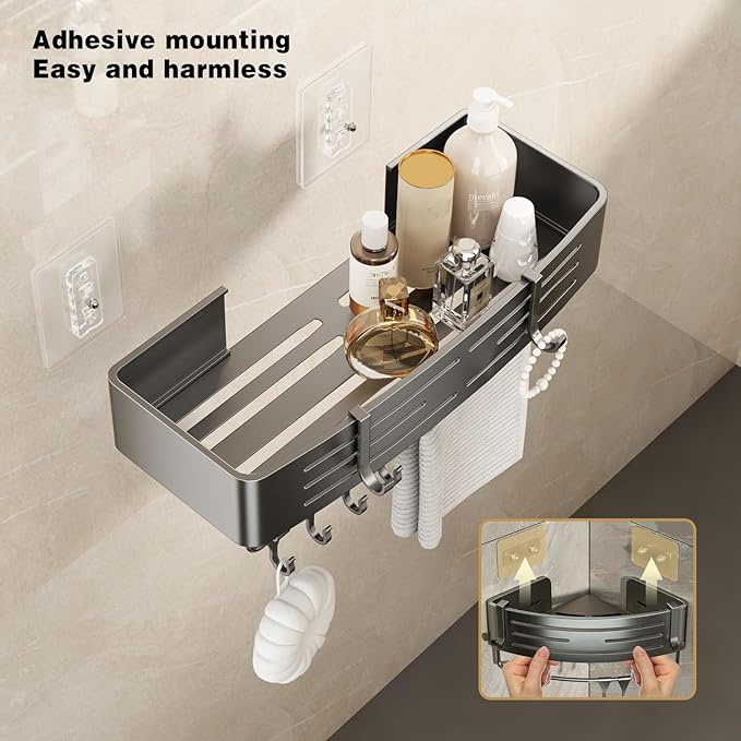 VOLPONE Shower Caddy No Drilling Shower Shelves for Inside Shower Heavy Duty Bathroom Organizer Storage Rack Adhesive with Towel Bar Hooks (2-Pack, Matte Gray)