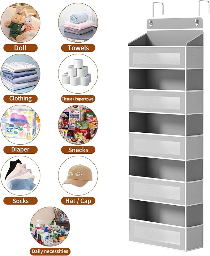 Over The Door Organizer, Over the Door Storage with 5 Large 10 Side Pockets, Hanging Door Organizer 44 lb Load Behind Door Storage, Hanging Shelf for Closet Wall Bedroom Bathroom Nursery, 5-Tier Grey