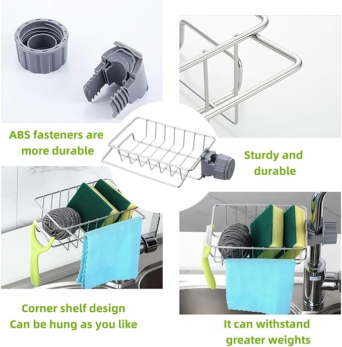 Sponge Holder for Kitchen Sink, Silver Stainless Steel Sink Organizer, Drying Rack for Sponges and Bottles