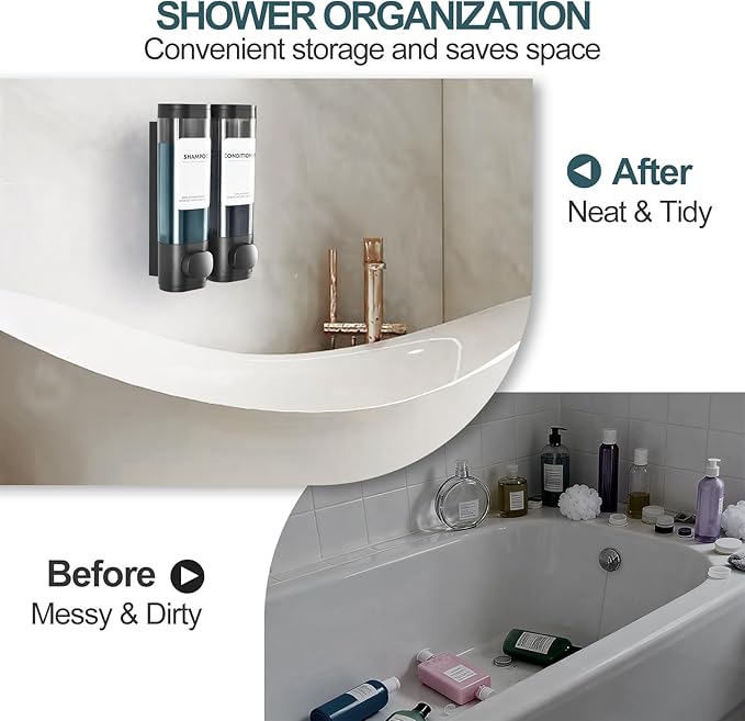 2 Pack Shampoo and Conditioner Dispenser Set, Shower Soap Dispenser 2 Chamber No Drill Wall Mounted, Body Wash Dispenser for Shower Wall Mounted with Large Capacity, Elegant for Bathroom Hotel Use