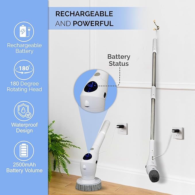 KARAMII Electric Spin Scrubber, Cordless Power Brush with 8 Multi-Functional Heads, 3 Adjustable Speeds, IPX7 Waterproof, LED Display, Long Handle (13.8"-51"), Perfect for Bathroom, Tile, Kitchen, Car