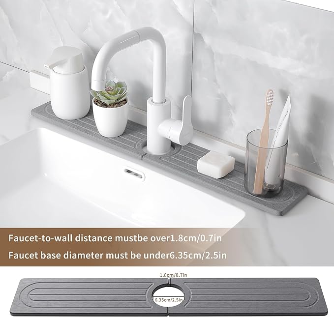 Faucet Mat for Kitchen Sink,Diatomite Fast Drying Stone Sink Tray,Faucet Splash Guard for Bathroom Counter [23.6"x4"],Super Absorbent, Prevents Moisture Buildup