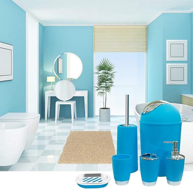 Bathroom Accessories Set, 6-Piece Plastic Gift Set, Toothbrush Holder, Toothbrush Cup, Soap Dispenser, Soap Dish, Toilet Brush Holder, Trash Can (Blue)