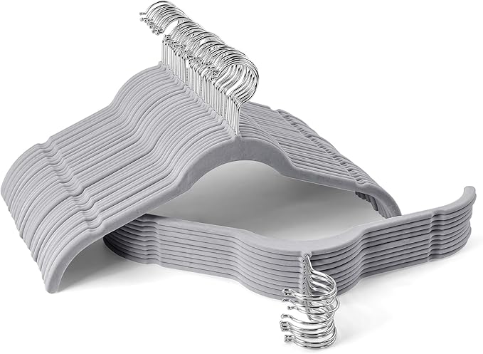 Sishynio Premium Velvet Shirt Hangers 50 Pack, Space-Saving Non-Slip Felt Hanger with 360° Swivel Hook, Slim Flocked Hangers for Strappy Dresses, Blouses, Tank Tops(Grey)