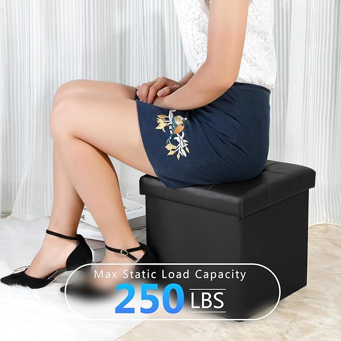 B FSOBEIIALEO Storage Ottoman Small Cube, Foot Rest Seat Faux Leather Dorm Room Ottoman Black 12.6"X12.6"X12.6" (2 Pack)