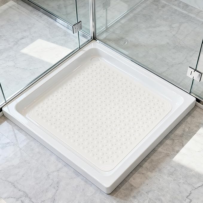 OTHWAY Square Shower Mat 32x32, TPE Non-Slip Shower Mats with Drain Holes and Suction Cups, Walk-in Mat for Inside Shower Stall, Anti-Slip for Elderly Kids (White)
